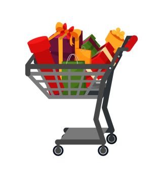 Shopping cart full of presents gift boxes, color packages with bows. Trolley with Christmas gifts, packed surprises for New Year holidays vector isolated. Shopping Cart Presents Gift Boxes, Color Packages