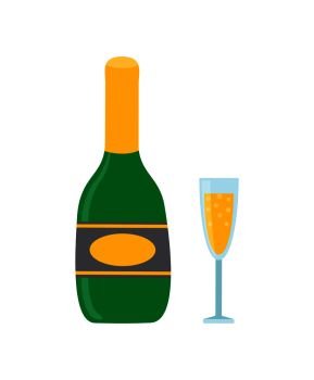 Bottle and glass of sparkling wine or champagne. Vector cartoon clipart of pinchbottle. Holiday beverage, alcoholic drink element for banner or poster. Bottle and Glass of Sparkling Wine or Champagne
