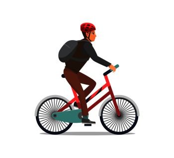 Bicycle man riding bike, biker wearing protective helmet vector. Speed of cycling, person having good time active healthy lifestyle. Hobby and sport. Bicycle Man Riding Bike Biker Isolated Vector