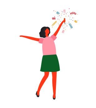 Woman in skirt and sweater bang flapper. Color confetti, vector female and party cracker exploding in flat design. Girl celebrating New Year and Christmas. Woman in Green Skirt, Red Sweater with Snowflakes