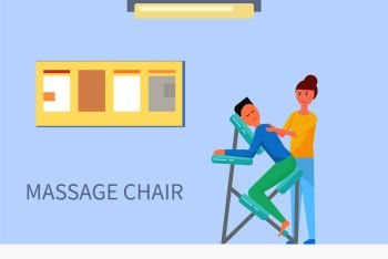 Massage chair in massaging room cartoon banner vector sample. Masseuse in uniform stretching back of client sitting in armchair, comfortable equipment. Massage Chair in Massaging Room Cartoon Banner