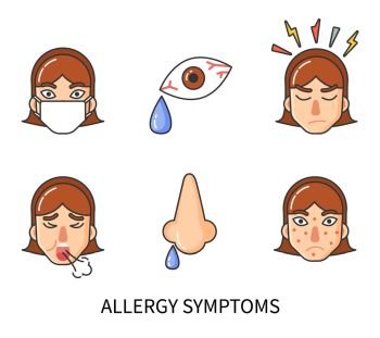 Allergy symptoms of person suffering from pain isolated icons set vector. Runny nose, rash face skin, anger and cough, tear drop. Sensitivity of body. Allergy Symptoms of Person Suffering from Pain