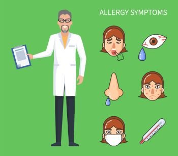 Allergy symptoms poster, cough and rhinitis with high temperature and headache. . Seasonal flu symptoms vector poster with doctor and fever symbols. Allergy Symptoms Poster, Cough and Rhinitis Vector
