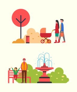 People strolling in autumn park, family with pram vector. Man and woman with newborn kid, father and daughter sitting on wooden bench by fountain. People Strolling in Autumn Park, Family with Pram
