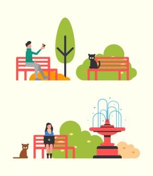 People sitting on bench in city park, autumn season. Vector man and bird, woman working with laptop, cat on wooden seat, fountain and trees, color bushes. People Sitting on Bench in City Park Autumn Season