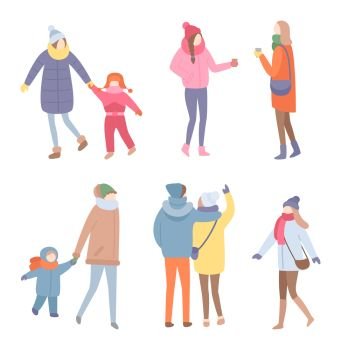 Set of people in warm clothes vector in flat style isolated on white. Standing men and women in jacket with scarf and hat with mittens holding children. Set of Standing People in Warm Clothes Vector
