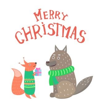 Merry Christmas, squirrel with gift box in knitted green sweater and wolf in warm scarf. Winter animals exchanging presents isolated on white, vector. Merry Christmas, Squirrel with Gift Box and Wolf