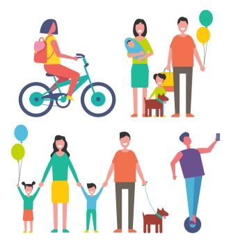 Scooter hoverboard, man riding modern transport, woman on bike bicycle ride. Family father and mother with dog and daughter holding balloon vector. Scooter Hoverboard Riding Vector Illustration