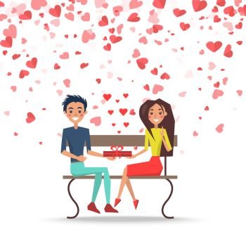 Valentine man and woman sitting on bench and holding gift box. Postcard decorated by red hearts, romantic day between boyfriend and girlfriend vector. Valentine Couple with Present on Bench Vector