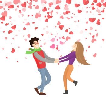 Happy couple holding hands, vector hearts of paper isolated on greeting card. Engagement of lovers dating dancing together, Valentines day illustration. Happy Couple Holding Hands, Vector Hearts of Paper