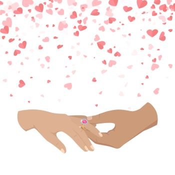 Man making proposal two woman, vector hands isolated on white background with pink hearts. Male and female arms, ring with diamond on finger, happy couple. Man Making Proposal Two Woman, Vector Hands Icons