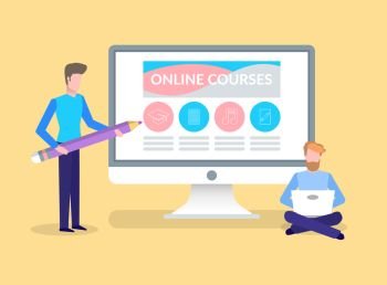 Online courses, training of student by male tutor vector. People learning in distance, distant education obtaining of knowledge. Computer with website. Online Courses, Training of Student by Male Tutor