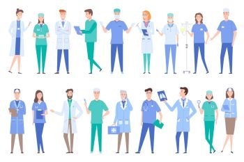 People working as doctors wearing gowns uniforms vector. Set of specialized professionals dealing with treatment and prescriptions surgeons with x ray. Set of peoples work in clinic flat style. People Working as Doctors Wearing Gowns Uniforms