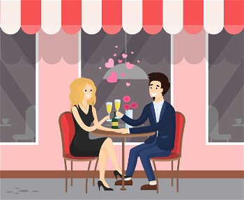 Girl and guy on cafe summer terrace having romantic date vector. Couple drinking champagne or wine at table outdoor near restaurant, flowers in vase. Romantic Date on Cafe Summer Terrace, Girl and Guy