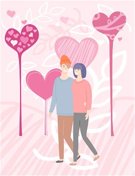 Man and woman walking and cuddling vector, people in love and floral ornaments with hearts shapes. Adults strolling together, pair expressing feelings. Couple in Love Man and Woman Walking Hearts Shapes