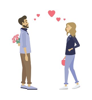 Couple on first date, man and woman dating isolated. Vector cartoon character male and female, hearts over them. Bearded guy with flowers, lady with sack. Couple First Date, Man and Woman Dating Isolated