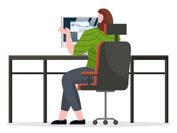 Office worker or manager work on computer alone. Working process of person at office room. Lady sit on chair by table and type on keyboard of device. Vector illustration of workspace in flat style. Woman Working on Computer at Office, Workplace