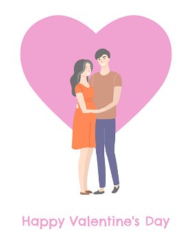 Happy Valentines day, people in cartoon style on backdrop of pink heart. Vector lovers hugging each other, woman in red dress and man in jeans isolated. Happy Valentines Day, People Cartoon Style, Heart