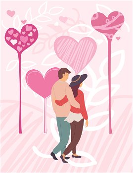 Man and woman walking together, male and female embracing, back and full length view of couple characters, postcard decorated by hearts, valentine vector. Couple Going Together, Man and Woman, Love Vector