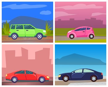 Cars on roads of modern cities or rural areas vector, set of transportation. Oldschool minivan big vehicle, cab service and eco-friendly auto. Automobile by seaside illustration card or stikers. Car on Roads of City, Jeep and Minivan in Town