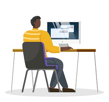 Office worker sit on chair by table and work on computer at office room or open space. Working process of person, guy type on keyboard of electronic device. Vector illustration of workplace in flat. Man Work on Computer at Office, Person Workplace