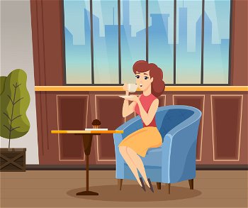 Lady drinking hot coffee or tea and eating chocolate muffin. Armchair and single leg table for meal. Place for relax in cafeteria, homelike interior. City view through the window, vector illustration. Woman Drink Coffee and Eat Muffin in Coffeehouse