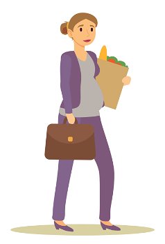 Future mom returning from work carrying products bought at groceries store. Pregnant businesswoman with briefcase and food in package. Isolated awaiting mother with suitcase, vector in flat style. Pregnant Businesswoman Returning Home from Shop