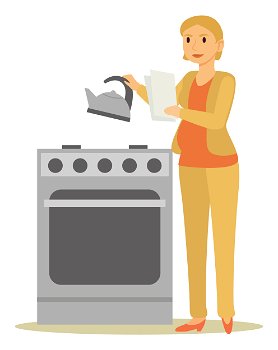 Pregnant woman cook and read business papers in kitchen. Person boil water in teapot on stove. Lady with belly doing her home duties and work. Vector illustration of businesswoman working at home. Pregnant Lady Cook and Work at Home, Businesswoman