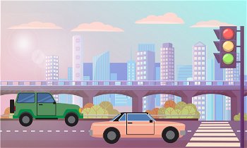 Cityscape with street with zebra vector, transportation cars on roads. Traffic lights and bridge with automobile, modern skyscrapers and buildings lorry illustration in flat style design for web. Cityscape Highway with Traffic Lights Road Street