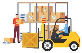 Shipping and delivery of items in boxes. Isolated male people in logistics company dealing with cargo shipment. Man with carton container in hands. Parcel on loader machine vector in flat style. Logistics Company Workers with Goods in Boxes