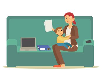 Mother character sitting with kid on sofa and working. Freelancer mom communicating with laptop and document holding son. Paperwork of professional employee mum at home or office with child vector. Business Woman Mother with Son Working Vector