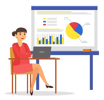 Pregnant boss or businesswoman working on data analysis or information inputting. Expectant mother with laptop and whiteboard with charts. Infocharts on smartboard for presentation vector in flat. Pregnant Woman Working on Data Analysis Vector