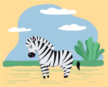 Zebra stand in safari or savanna. Wild character in wilderness or zoo. Animal use black and white striped coat as camouflage. Nature, landscape with spruces and sand. Vector illustration in flat style. Wild Safari Animal, Cute Zebra with Striped Coat