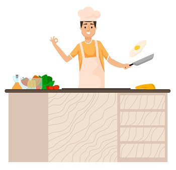 Chef stand by table, person work alone in kitchen at home or restaurant. Man cutting fresh vegetables and eggs by knife. Kitchenware, cutlery and products on desk. Vector illustration of cooking. Man Cut Ingredients, Cooking on Table in Kitchen