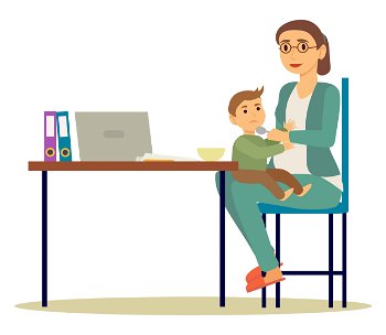 Mother feeding her son from spoon at office. Businesswoman bring kid to work. Kid sitting on knees and eating. Parent care about child. Workplace with table and laptop on it. Vector illustration. Mother Feeding Her Son at Work, Office Interior