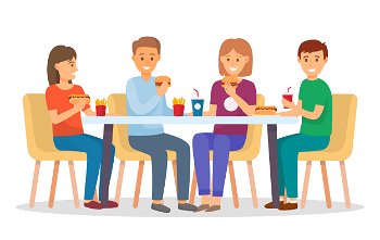People in fast food restaurant for dinner or lunch. Friends and family eating out in cafe. Table with meals like hot dog, burger and soda. Men and women isolated on white. Vector illustration in flat. People Eat Fast Food Like Burgers and Hot Dogs