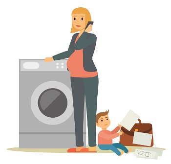 Pregnant woman doing laundry and talking on phone. Little kid playing with documents from mother suitcase. Lady with belly stand near washing machine. Vector illustration of businesswoman in flat. Pregnant Lady Stand near Washing Machine with Kid