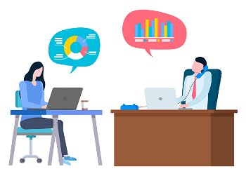 Financial consultant or bank workers, brokers cooperation, trade and sales. Vector cartoon people sitting at table and typing on laptop, graphs and charts. Financial Consultant Workers, Brokers Cooperation
