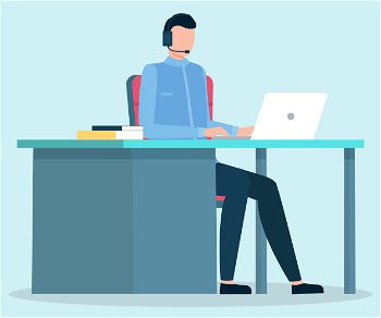 Man sit on chair by table in office. Worker use electronic device, computer for work and study on desk. Modern design of workspace with laptop and books. Vector illustration of workplace in flat style. Man Work on Laptop, Comfort Workplace at Office