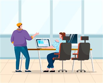 Man and woman talk about work at office open space. Lady sit on chair by table and type on laptop. Colleagues and teammates working together. Vector illustration of coworkers conversation in flat. Coworkers Talk About Work at Office Open Space