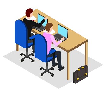 People working on project together. Male character with laptops making analysis of data for company report. Businessman by table with briefcase, isolated personages. Vector in isometric 3D style. Coworking People Using Laptops, Office Workers