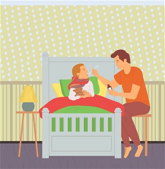 Father giving medicine to son vector, child laying in bed cuddling plush bear and wearing scarf, sore throat and cough sickness of person, treatment, concept for Father day. Father Caring for Sick Child Daddy and Son in Room