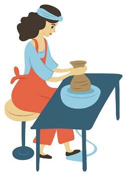 Woman on pastime vector, isolated female sitting by spinning table. Pots made of clay lady at home wearing apron, product handmade production flat style. Woman Making Pots, Hobby of Person Pottery Vector