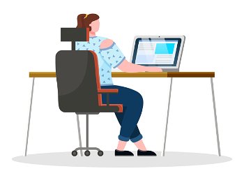 Young woman, office worker work on laptop at office room. Working process of person. Lady sit on chair by table and type on keyboard of computer. Vector illustration of workspace in flat style. Woman Work on Laptop at Office, Worker Workplace