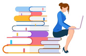 Preparation for exam vector, isolated woman with books and computer coding and programming. Character watching tutorials and videos with explanation. Business education. Education Online Books E-learning Studying Style
