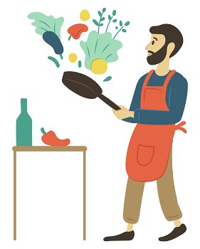 Pastime of person vector, isolated male with frying pan and vegetables. Veggies on table, sweet pepper and salad leaves, hobby of man leisure preparation. Cooking Man, Culinary Hobby of Person Leisure