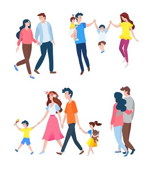Smiling people going together, portrait view of family set, happy parents walking with children, man and woman in casual clothes, togetherness vector. Family Leisure, Parents and Kids, Couple Vector