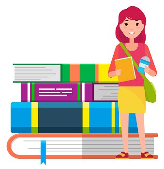 Girl with copybook, beverage and handbag ready for studying. Young student stand near big hardcover educational books. Knowledge and attainments open door to success. Vector illustration in flat style. Girl Stand near Stack of Books, Student of School