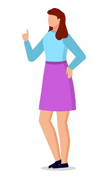 Young woman with brown hair standing straight on floor. Person raised her one finger up. Lady dressed in blue blouse and violet skirt. Human isolated on white background. Vector illustration in flat. Young Woman Posing for Picture, Person Isolated