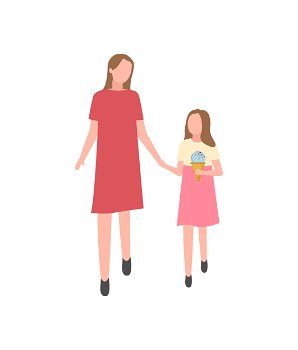 Mother and daughter with ice cream isolated cartoon characters. Vector woman and girl at summer fair, people spend time together, happy family mom and child. Mother Daughter with Ice Cream Isolated Characters